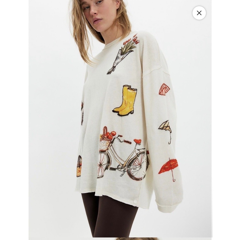 We The Free Ivory Embroidered Knit Long Sleeve Crew Neck Pullover Top Size M